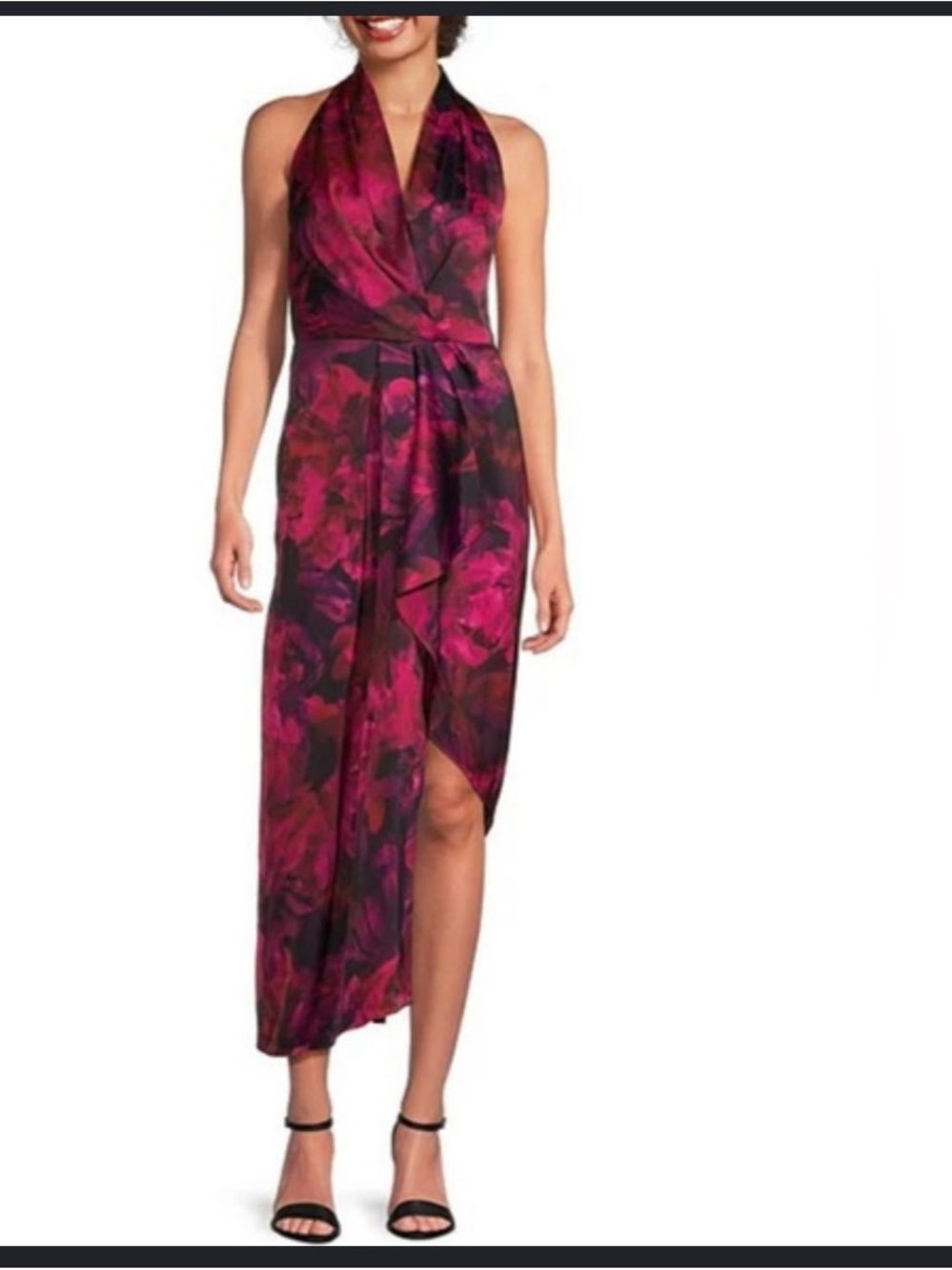 Alex Marie Magenta Floral‎ Halter High-Low Wrap Asymmetrical satin Dress